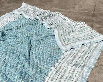 Blue Floral Block Print Cotton Quilt Reversible Summer Bedspread - Indian Jaipuri Razai - Lightweight Blanket