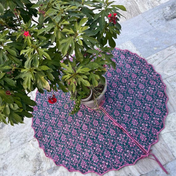 Hand Block Print Cotton Quilted Christmas Tree Skirt : Handmade Reversible Tree mat | 52 Inch Decor, Blue Color