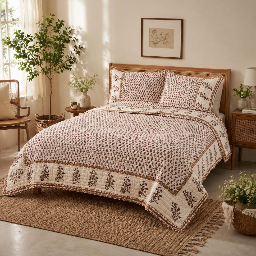 Handmade Block Print Cotton Quilt, Reversible Brown Floral Bedspread bed coverlet - King US/CA, Quilt