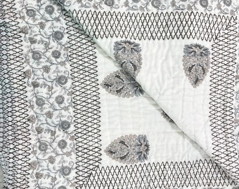 Hand Block Print Cotton Quilt : Gray Floral Reversible Indian Blanket, Handmade Queen King Coverlet, kantha Bedding
