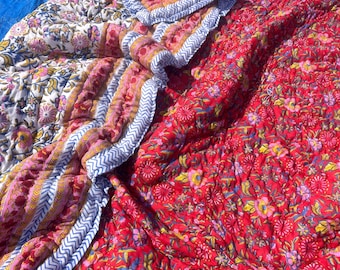 Handmade Block Print Cotton Quilt, Reversible Red Pink Floral Bedspread Blanket Coverlet, Summer Bedding Gifts