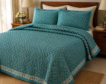 Patina Blue Hand Block Print Cotton Quilt, Reversible Floral Bedspread, Summer Throw Quilt, Farmhouse Decor