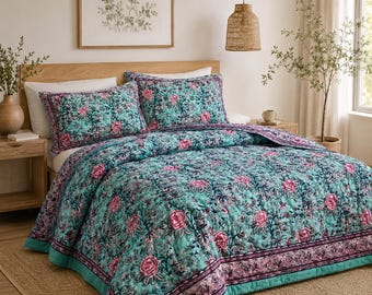 Handmade Reversible Floral Block Print Quilt, Cotton Queen King Summer Soft Blanket Comforter,