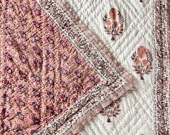 Hand Block Print Cotton Quilt :  Floral & paisley Reversible Bedspread  | Housewarming Gift for her