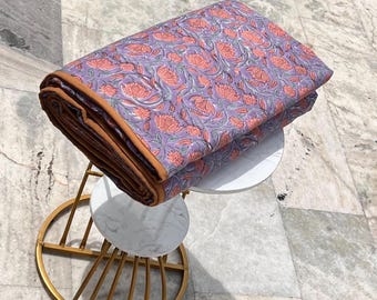 Puur katoenen flanellen deken met handbedrukte blokprint, lavendelroze bloemenquilt met flanel, zomerse sprei voor airconditioning, plaid voor eenpersoonsbed of bank