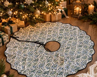 Falda para árbol de Navidad estampada a mano: Alfombra para árbol de algodón con estampado floral azul, 52 pulgadas, decoración para árbol de Navidad