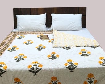 Hand Block Printed Cotton Quilt :  Yellow Floral Reversible Bedspread