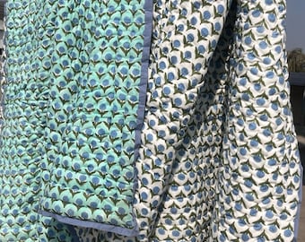Handmade Aqua Blue Floral Block Print Cotton Quilt, Reversible Bedspread All Season Coverlet,