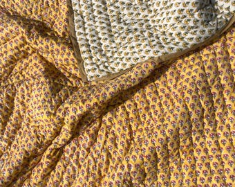 Yellow Cotton Quilt Floral Hand Block Print Bedspread Reversible Blanket Queen Twin King Comforter