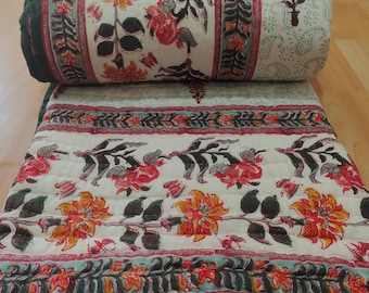Hand Block Printed Cotton Quilt, Reversible Bedspread Coverlet, Indian Floral Comforter