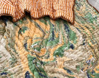 Handmade Marble Print Cotton Quilt, Abstract Watercolor Reversible Summer Bedspread, Twin Queen king Blanket