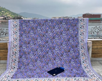 Reversible Block Printed Purple Cotton Quilt - Indian Floral Bedspread, Queen Quilt Bed Coverlet