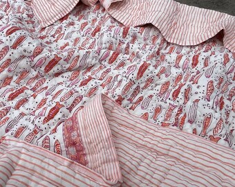 Handmade Fish Block Print Cotton Quilt Queen, Reversible Kantha Blanket Bedspread, Wedding Gifts For Her