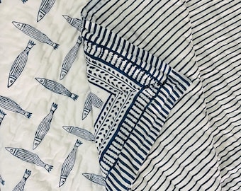 Edredón de algodón con estampado de bloques de peces indios para bebé, manta para bebé hecha a mano, decoración de ropa de cama para guardería,