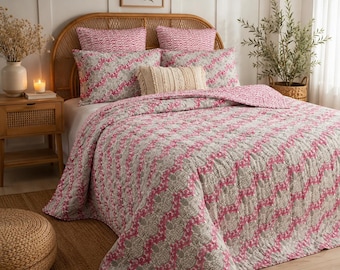 Pink Floral Block Print Quilt, Reversible Cotton Kantha Bedspread, Boho Bedding, Housewarming gift
