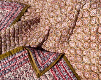 Anokhi handgeblokte katoenen quilt, omkeerbare Jaipuri Razai sprei, boho dekbedovertrek, queensize