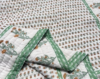 Green Floral Hand Block Print Cotton Quilt, Reversible Handmade Bedding, Indian Soft Bedspread, King Blanket