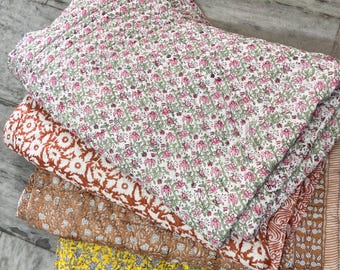 Floral Block Print Quilt, Reversible Cotton Bedspread, Cottagecore Boho Bedding, Handmade Indian Quilt, King Size Quilt