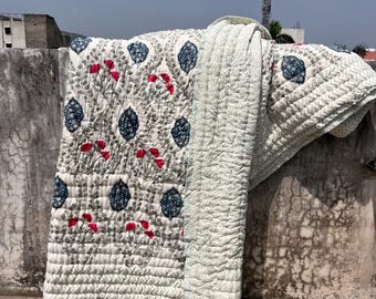 Hand Block Print Cotton Quilt, Indigo Floral Quilt, Reversible Boho Bedspread Throw, Handmade Kantha Blanket