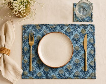 Teal Blue Block Print Cotton Quilted Placemats, Reversible Floral Table Mats, Diamond Quilting Mats, Bohemian Kitchen Decor Gift