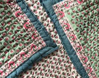 Indian Hand Block Print Cotton Quilt, Reversible Green Floral Bedspread, Boho Summer Blanket