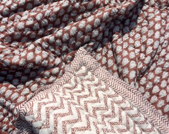 Handmade Block print Cotton Terracotta Quilt, Reversible Floral Bedspread Blanket Summer Comforter, Wedding Gifts, Home Decor