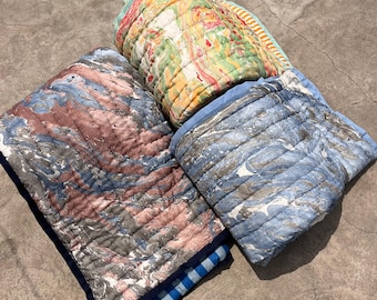 Blue Green Marble Print Cotton Quilt, Watercolor Abstract Quilt, Reversible Summer Bedspread, Handmade Blanket