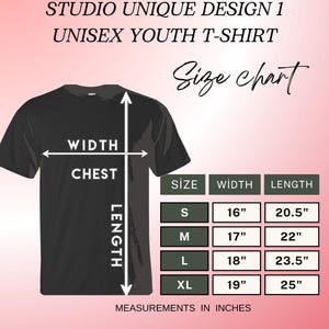 May include: Black unisex youth t-shirt with a size chart. The chart shows measurements in inches for width and length. Sizes range from S to XL, with widths from 16" to 19" and lengths from 20.5" to 25".