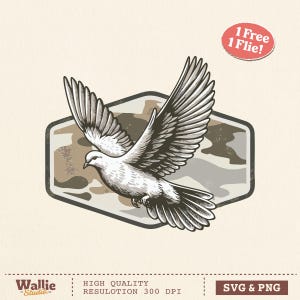 May include: A detailed illustration of a white dove in flight, wings spread wide, within a camouflage-patterned, hexagonal frame. The design includes the text "1 Free 1 Flie!" and "SVG & PNG". The image is labeled "Wallie Studio" and "HIGH QUALITY RESULOTION 300 DPI".