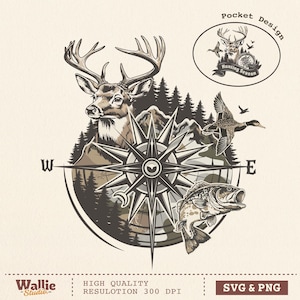 Deer Duck Fishing Compass PNG SVG, Camo Hunting & Fishing Outdoorsman Design, Marsh Old School , Rustic Wildlife Shirt Digital Download
