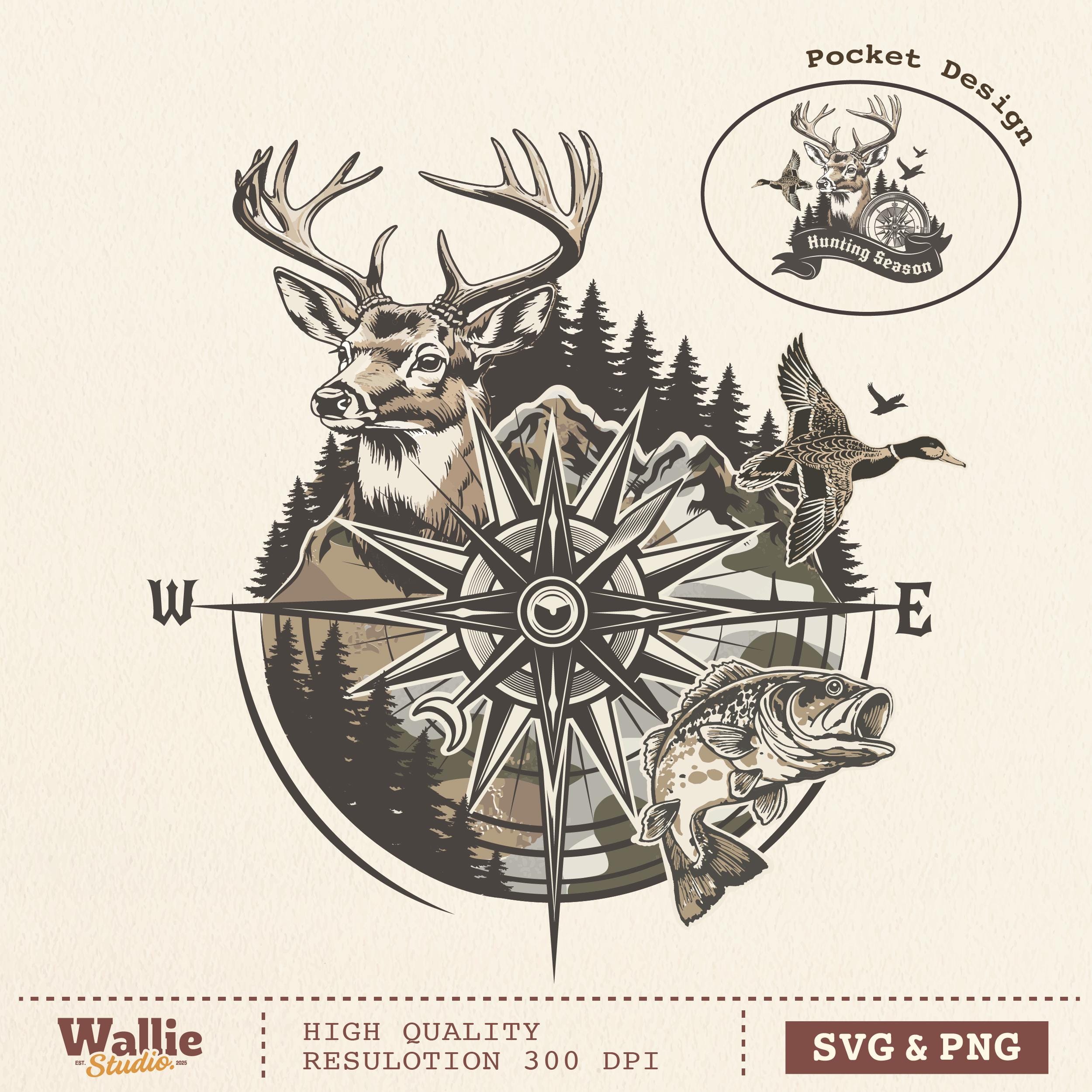 Compus With Deer Deer Duck Fishing Compass PNG SVG, Camo Hunting & Fishing Outdoorsman ...
