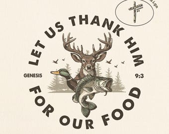 Op de afbeelding: Een cirkelvormig ontwerp met een hert, een eend en een vis, met de tekst "LET US THANK HIM FOR OUR FOOD" en "GENESIS 9:3". Het ontwerp bevat een kruis en bomen, met de woorden "Pocket Design" en "Wallie Studio".