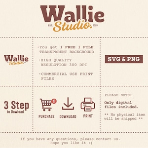 May include: A digital product advertisement with the text "Wallie Studio" in brown and gold. The image details the product features, including a transparent background, high-quality resolution, and commercial use print files. Instructions for purchase, download, and print are also included.