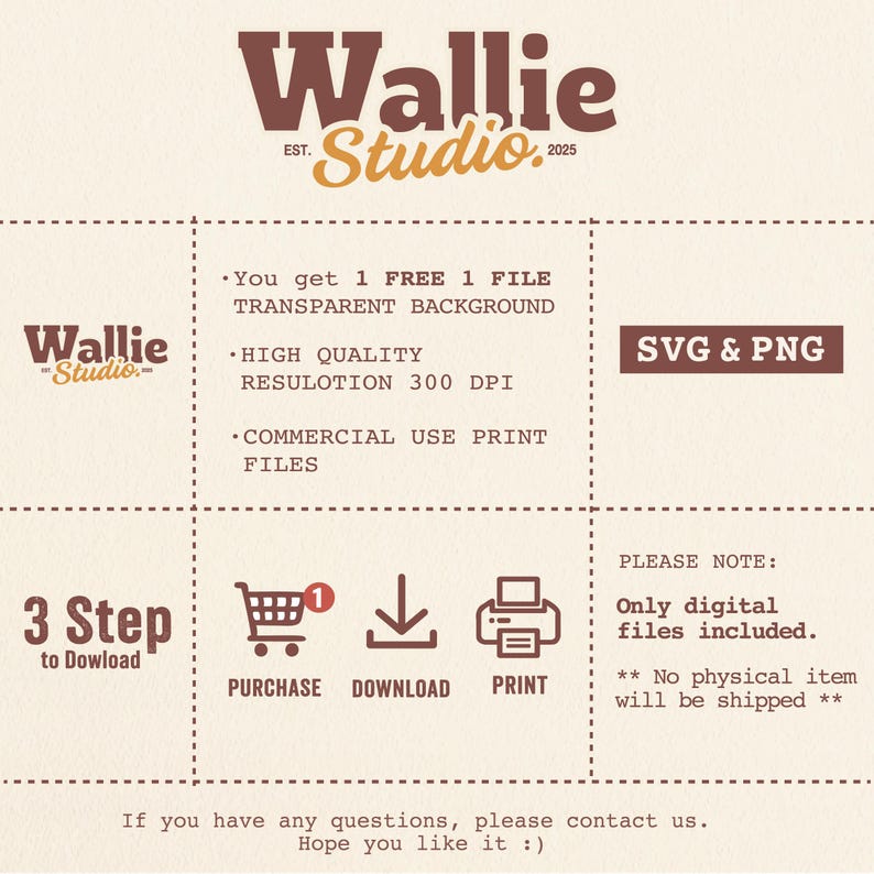 May include: A digital product advertisement with the text "Wallie Studio" in brown and gold. The image details the product features, including a transparent background, high-quality resolution, and commercial use print files. Instructions for purchase, download, and print are also included.