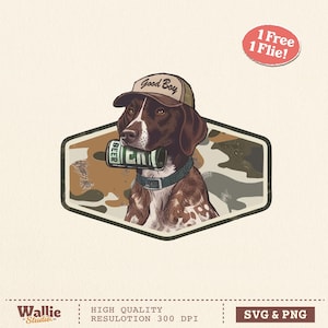 May include: A brown and white dog wearing a brown cap with the text "Good Boy" and a green collar, holding a beer can in its mouth. The dog is set against a camouflage background within a hexagonal frame. A red sticker reads "1 Free 1 Flie!"