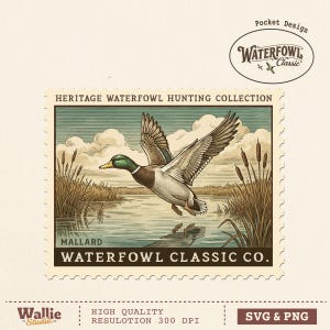 May include: Vintage-style illustration of a mallard duck in flight over water, part of the "Heritage Waterfowl Hunting Collection." The design includes cattails, a reflection in the water, and the text "Waterfowl Classic Co."