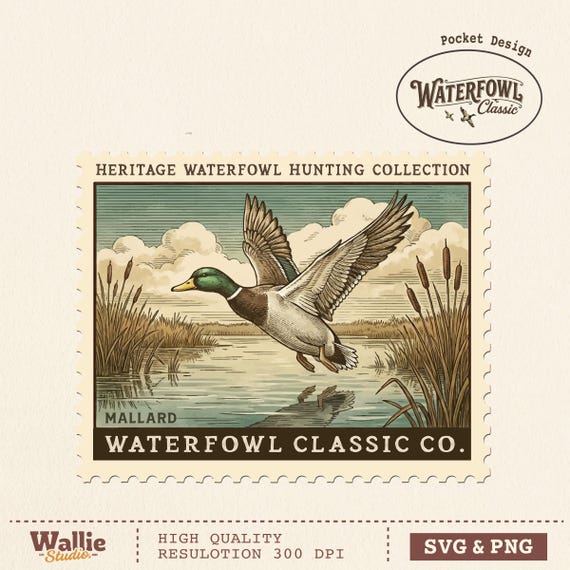 Flying Mallard Duck Postage Stamp PNG SVG, Vintage Duck Hunting Sublimation, Retro Wildlife Duck PNG, Waterfowl Graphic Digital Download