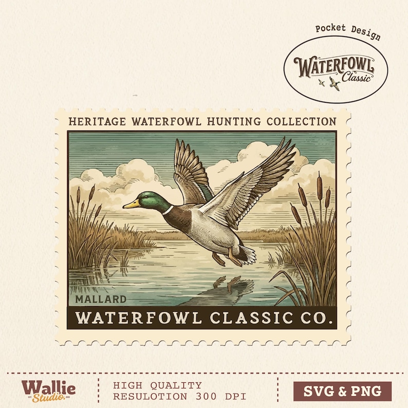 May include: Vintage-style illustration of a mallard duck in flight over water, part of the "Heritage Waterfowl Hunting Collection." The design includes cattails, a reflection in the water, and the text "Waterfowl Classic Co."