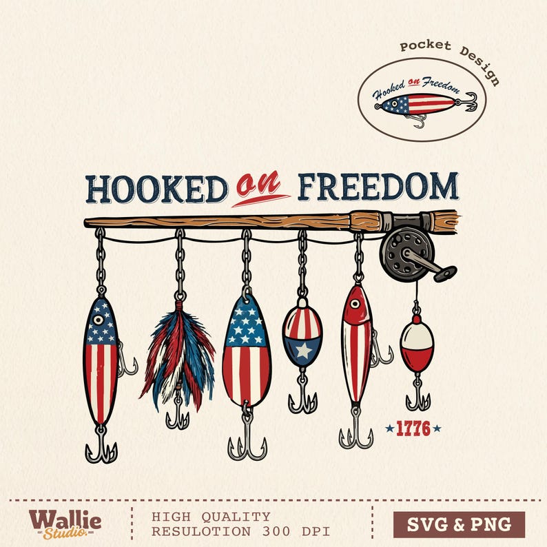 4th of July Fishing Lure PNG SVG, Patriotic Fishing Shirt Design, American Flag Fishing Graphic, Red White Blue Fisherman Digital Download image 1