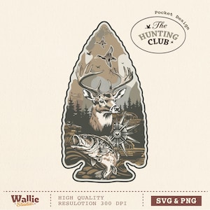 Puede incluir: Ilustración detallada con un ciervo, un pez y patos dentro de una forma de punta de flecha. El diseño incluye una brújula, árboles y el texto "The Hunting Club". La imagen es en tonos marrones, beige y grises, con "SVG & PNG" abajo.