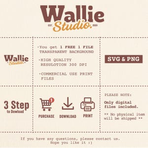 May include: A digital product advertisement with the text "Wallie Studio" in brown and gold. The image details the product features, including a transparent background, high-quality resolution, and commercial use print files. Instructions for purchase, download, and print are also included.