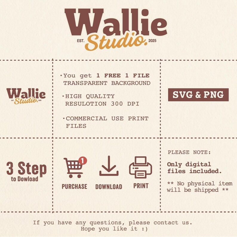 May include: A digital product advertisement with the text "Wallie Studio" in brown and gold. The image details the product features, including a transparent background, high-quality resolution, and commercial use print files. Instructions for purchase, download, and print are also included.