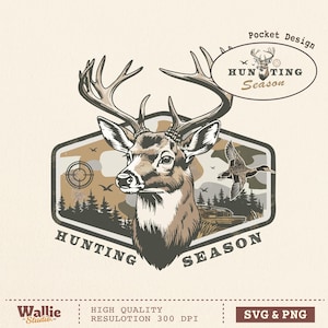 Puede incluir: Un diseño de caza de estilo vintage con una cabeza de ciervo detallada con grandes astas, dentro de un hexágono con estampado de camuflaje. También se incluye un pato volador y las palabras "Hunting Season". Ideal para ropa y accesorios.