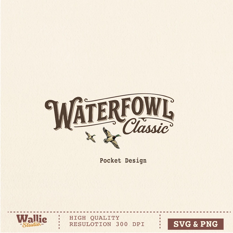 May include: A vintage-style logo design with the words "Waterfowl Classic" in a brown, decorative font. Two flying ducks are depicted below the text. The words "Pocket Design" are below the ducks. The logo is on a beige background.