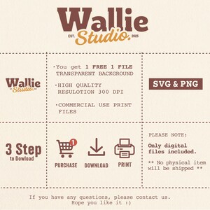 May include: A digital product advertisement featuring the text "Wallie Studio" in brown and gold. The image highlights product features, such as high-quality resolution, commercial use print files, and SVG & PNG formats. It also details a 3-step download process.
