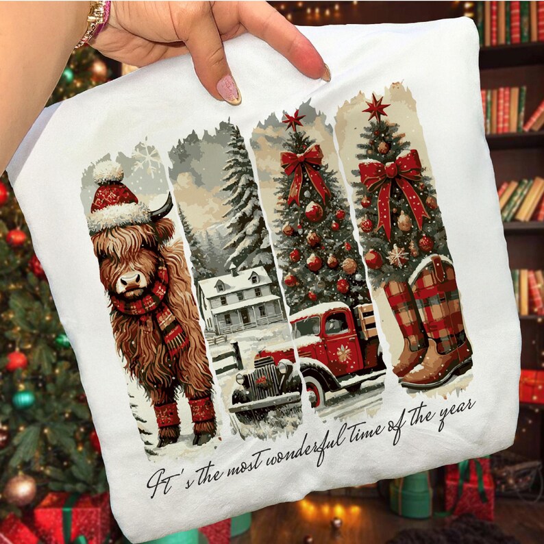 May include: White pillow with a winter scene design. The design includes a Highland cow in a Santa hat and scarf, a snowy landscape, a red truck, Christmas trees, and plaid boots. The text reads "It's the most wonderful time of the year."