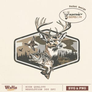May include: A detailed illustration featuring a deer, fish, and duck within a hexagonal frame. The design includes the text "Hunting Season" and "Pocket Design". The image is in shades of brown and beige, with the words "SVG & PNG" at the bottom.