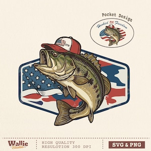 May include: A detailed illustration of a largemouth bass wearing a red and white cap with the text "1776". The fish is set against a blue and red American flag design. The text "Hooked on Freedom" is above the fish.