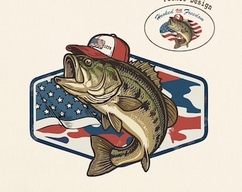 Patriotic Camo Bass Fishing PNG SVG, 4th of July Fishing USA 250 Years Design, Largemouth Bass American Flag, Angler Digital Download