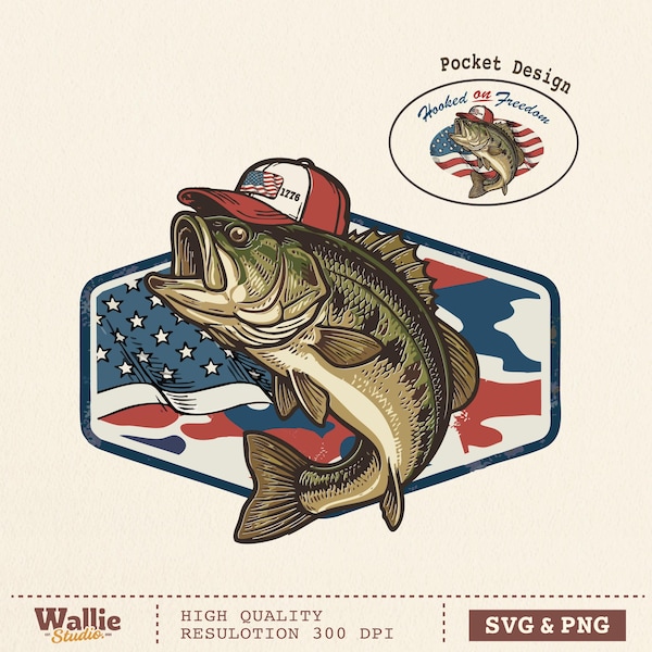 Diseño PNG SVG de pesca de lubina con camuflaje patriótico, pesca del 4 de julio en EE. UU. (250 años), bandera estadounidense de lubina de boca grande, descarga digital para pescadores.